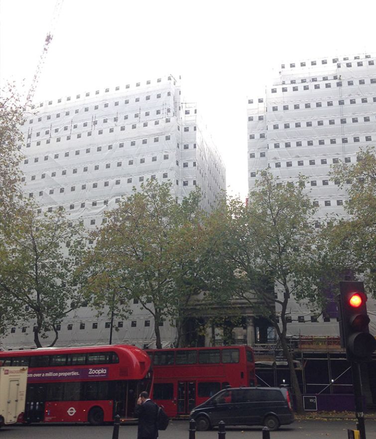 Bush House - Layher Allround Access and Pavement Gantries for Stone Cleaning and Refurbishment